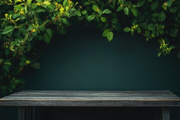 Rustic wooden table against dark green wall, framed by lush foliage
