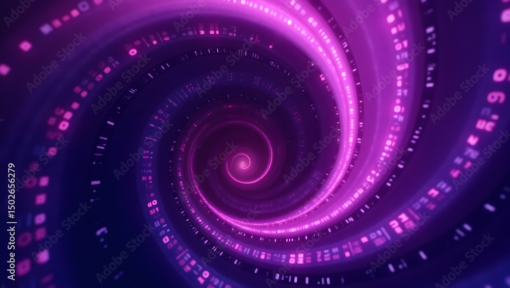 Poster digital background violet spiral with flowing code rings radiating from the center