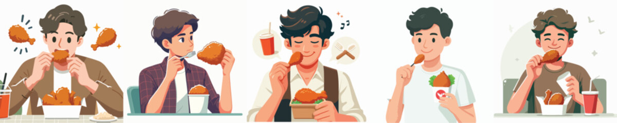 vector of a young man eating fried chicken