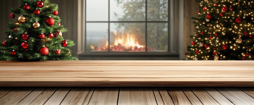 Wooden tabletop with two decorated Christmas trees, one on each side, with a fireplace visible through a window in the background