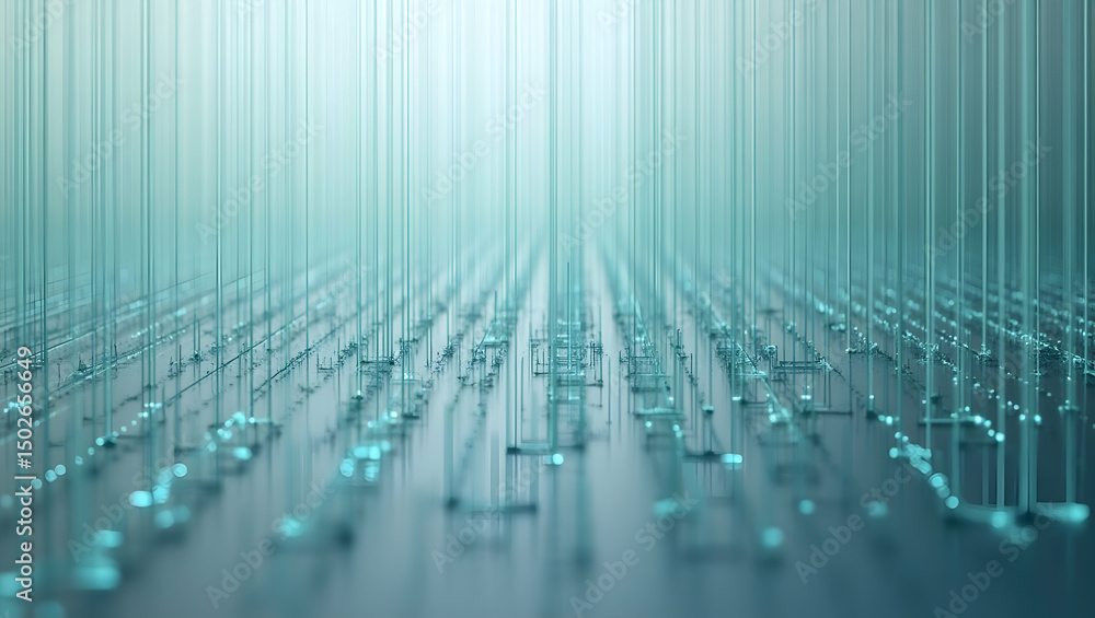 Poster digital background thin aqua threads stretch in a wide grid over a smooth gray base