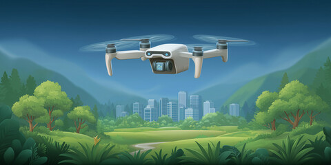 Drone Flight Over Cityscape and Nature: A futuristic drone hovers gracefully above a breathtaking landscape where lush greenery meets a modern cityscape.