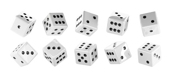 White dice isolated 3d render icons set. Realistic casino game cubes, poker, backgammon or craps. Lucky die roll with dot number, random rolling square luck choice, gambling concept