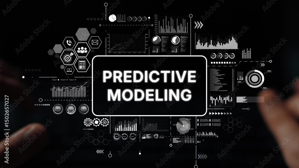 Poster hands on keyboard with predictive modeling graphics and data visualization concepts in dark environm