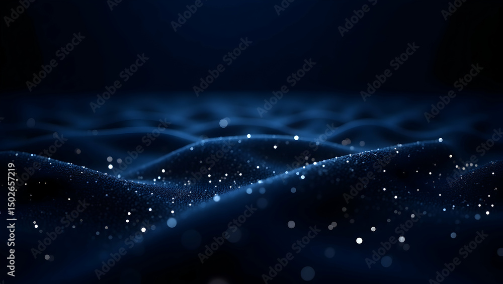 Poster digital background dense field of tiny glowing dots forming a mesh-like fabric over navy tones