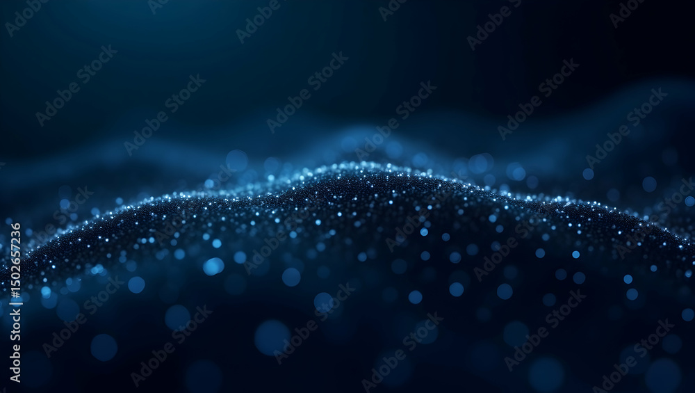 Poster digital background dense field of tiny glowing dots forming a mesh-like fabric over navy tones