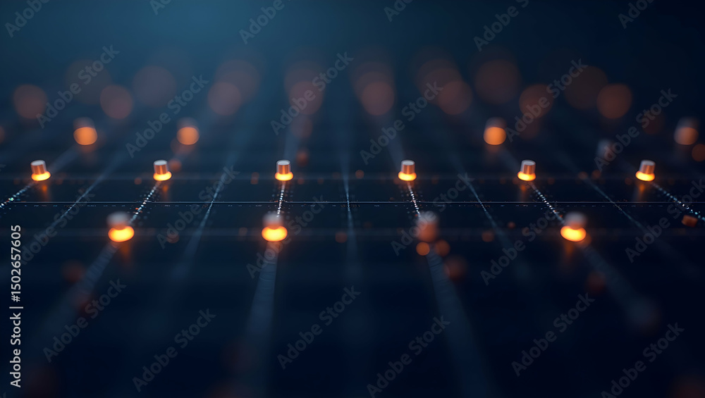 Poster digital background glowing beacon-like nodes evenly spaced across a soft digital grid