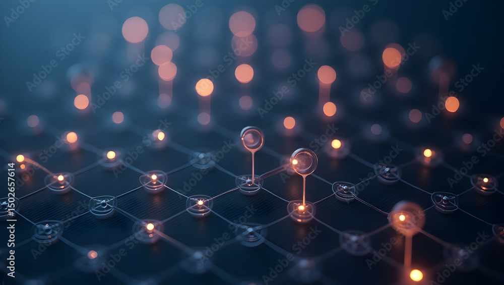 Poster digital background glowing beacon-like nodes evenly spaced across a soft digital grid