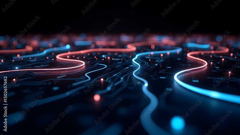 Poster digital background glowing fiber optic threads stream across a dark tech surface, forming interwoven