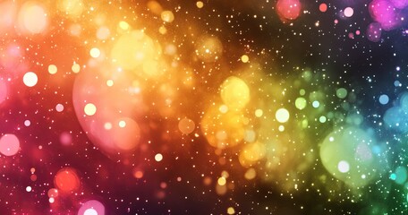 A dark background with an array of colorful bokeh lights in shades of red, orange, yellow, green, blue, and purple