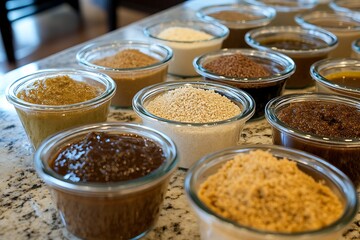 Variety of Miso Paste and Tamari Flavors Offered in Numerous Small Bowls
