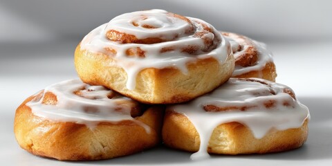 Fresh cinnamon rolls stacked with creamy icing drizzled on top