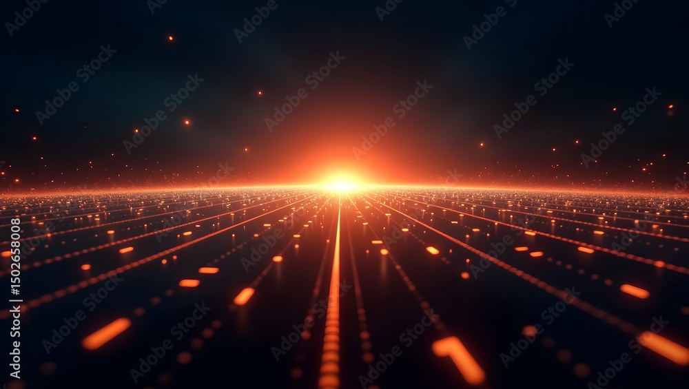 Poster digital background binary numbers stretch toward a glowing horizon on a digital plane