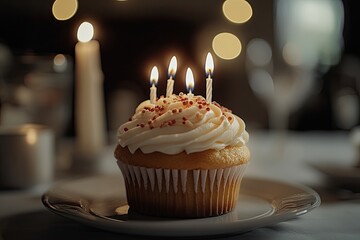 A single vanilla cupcake with white frosting and red sprinkles, topped with four lit candles, sits on a white plate
