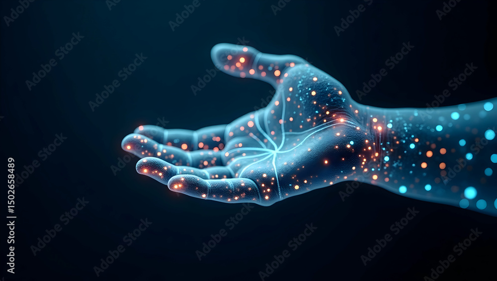 Poster digital background a semi-transparent ai hand shows flowing data veins and illuminated circuits unde