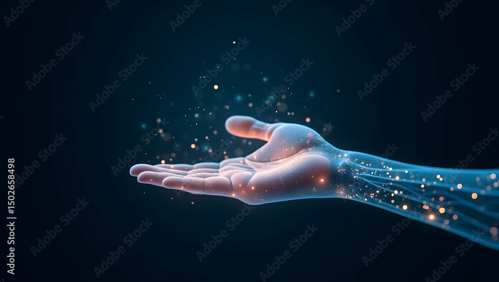 Poster digital background a semi-transparent ai hand shows flowing data veins and illuminated circuits unde
