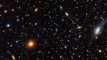 A deep space image showcasing a vast expanse of stars, galaxies, and cosmic dust against a dark background