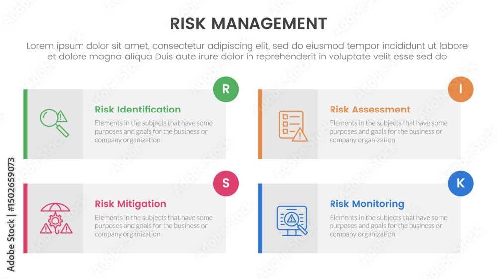 Poster risk management infographic with 4 point stage template with long rectangle box symmetric circle bad