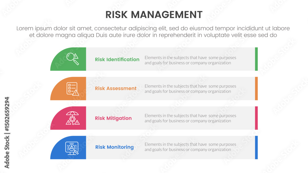 Poster risk management infographic with 4 point stage template with long rectangle box vertical stack for s