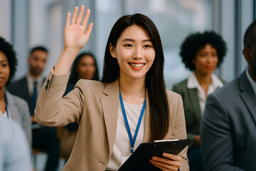 Smiling Asian woman raises her hand in a meeting, eager to speak, surrounded by diverse colleagues in a modern office setting with natural light.