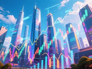 Futuristic cityscape with financial data charts overlay depicting economic growth and investment