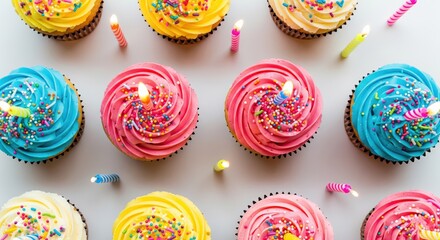 Delicious cupcakes with candles and sprinkles on a white surface for a birthday celebration
