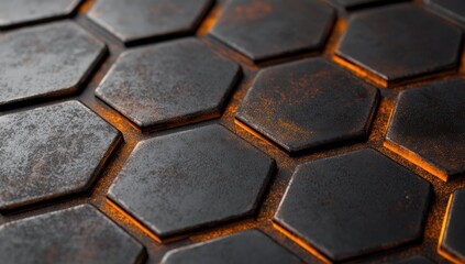 Close-up view of a dark, metallic honeycomb pattern with rusty orange highlights