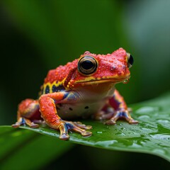 Obraz premium Colorful red frog perched on a vibrant green leaf with water droplets in the nature setting