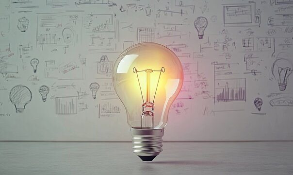 A glowing light bulb stands out against a white wall covered in hand-drawn charts and graphs