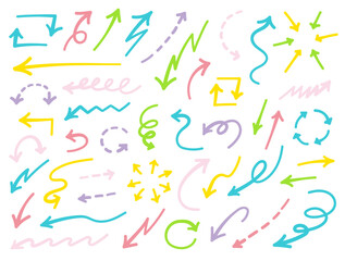 手描きの矢印のセット。シンプルな線の矢印マーク。ベクターアイコン。色んな種類のカーソル。