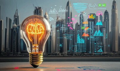 A glowing light bulb in front of a cityscape with futuristic digital overlays, symbolizing innovation and progress