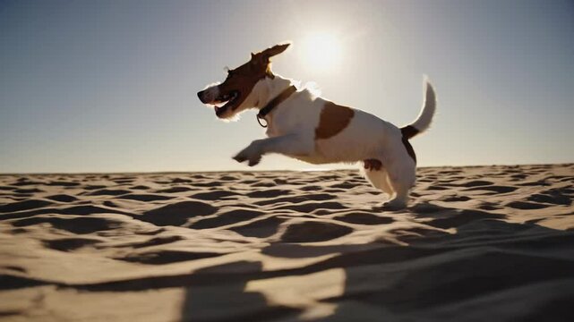 Jack Russell terrier bounding energetically across sandy shoreline, displaying playful nature and joyful movement during bright summer day by coastal landscape