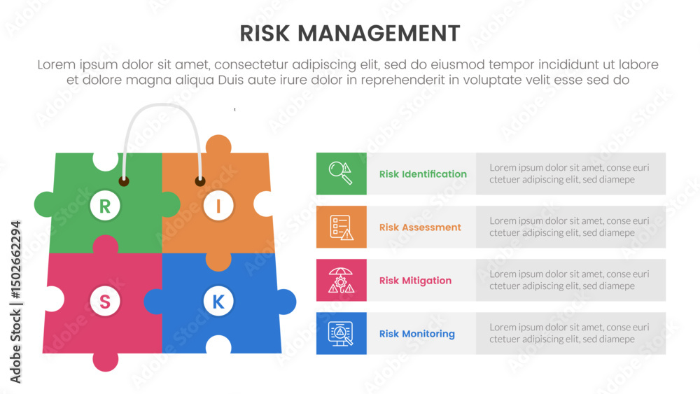 Poster risk management infographic with 4 point stage template with puzzle jigsaw shopping bag with rectang