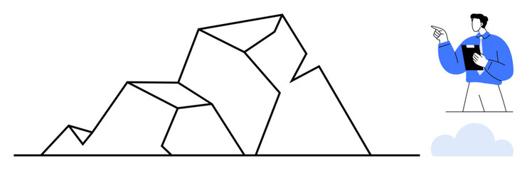 Man with clipboard pointing toward abstract polygonal rocks, symbolizing analysis, strategy, and overcoming obstacles. Ideal for science, exploration, teamwork, planning, learning decision-making