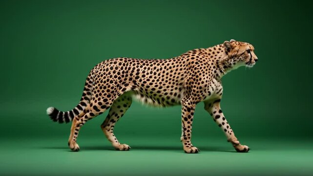 Close up video sequence of a cheetah walking gracefully on green background showing its spotted fur pattern
