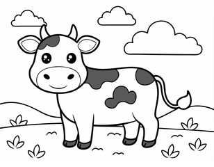 Adorable Cartoon Cow in a Sunny Field – Fun Line Art Coloring Page with Clouds & Grass