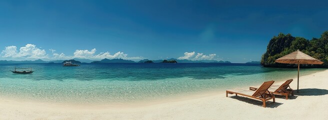 Two lounge chairs sit on a pristine, white sandy beach under a beach umbrella with crystal clear blue water in the background