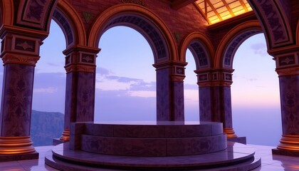 Obraz premium pearlized pedestal inside archway with soft sky gradient background