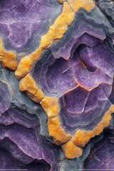 Obraz premium Close-up view of layered, textured rock formations in shades of purple and gold