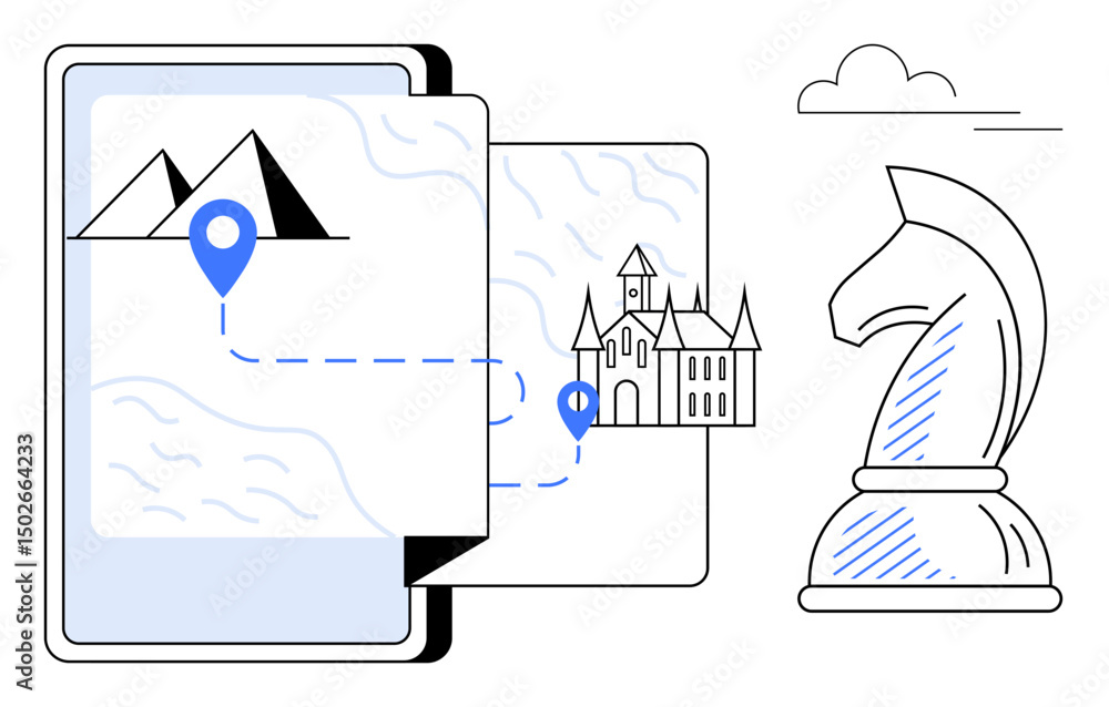 Poster open map with pinpointed mountain and castle, chess knight representing strategy and decision-making