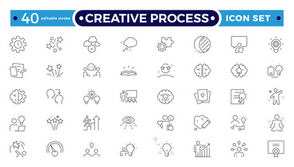 Creative Process line icon set. Teamwork process symbols in flat. Customer search and care signs are isolated on white. Leadership and creative icon in black.Editable stroke outline icon.