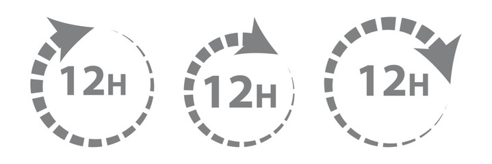 12 hours service vector symbol. 12h service duration sign. 12 h discount offer icon set. Fast 12hr support sign collection.