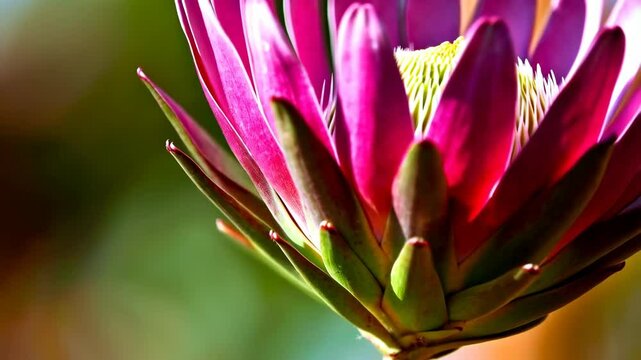 Protea flower close-up highlighting the vibrant pink petals and distinctive green buds against a colorful blurred background