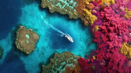 Obraz premium Aerial view of a vibrant coral reef with a boat navigating through