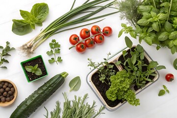 Variety of vegetables and herbs are displayed on a white table. image, photo