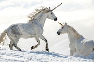 Two white horses are running in the snow. image, photo