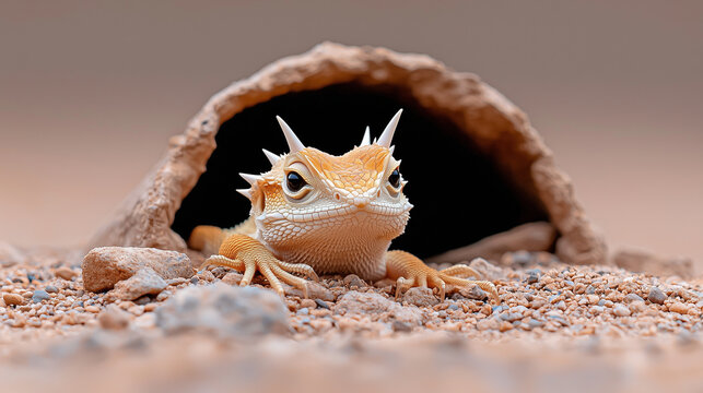 Close-up of a horned lizard blending into its rocky desert environment showcasing its camouflage and horned features.