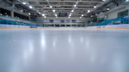 Obraz premium Empty ice rink with a smooth surface, viewed from the stands, under soft lighting. A serene and minimalist sports moment.
