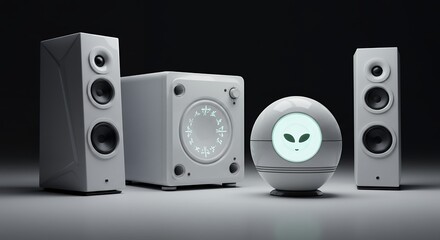 Fototapeta premium Light gray audio speakers with alien orb object