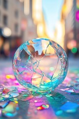 Shattered iridescent sphere on a colorful surface, urban background